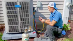 hvac technicial servicing a residential ac unit